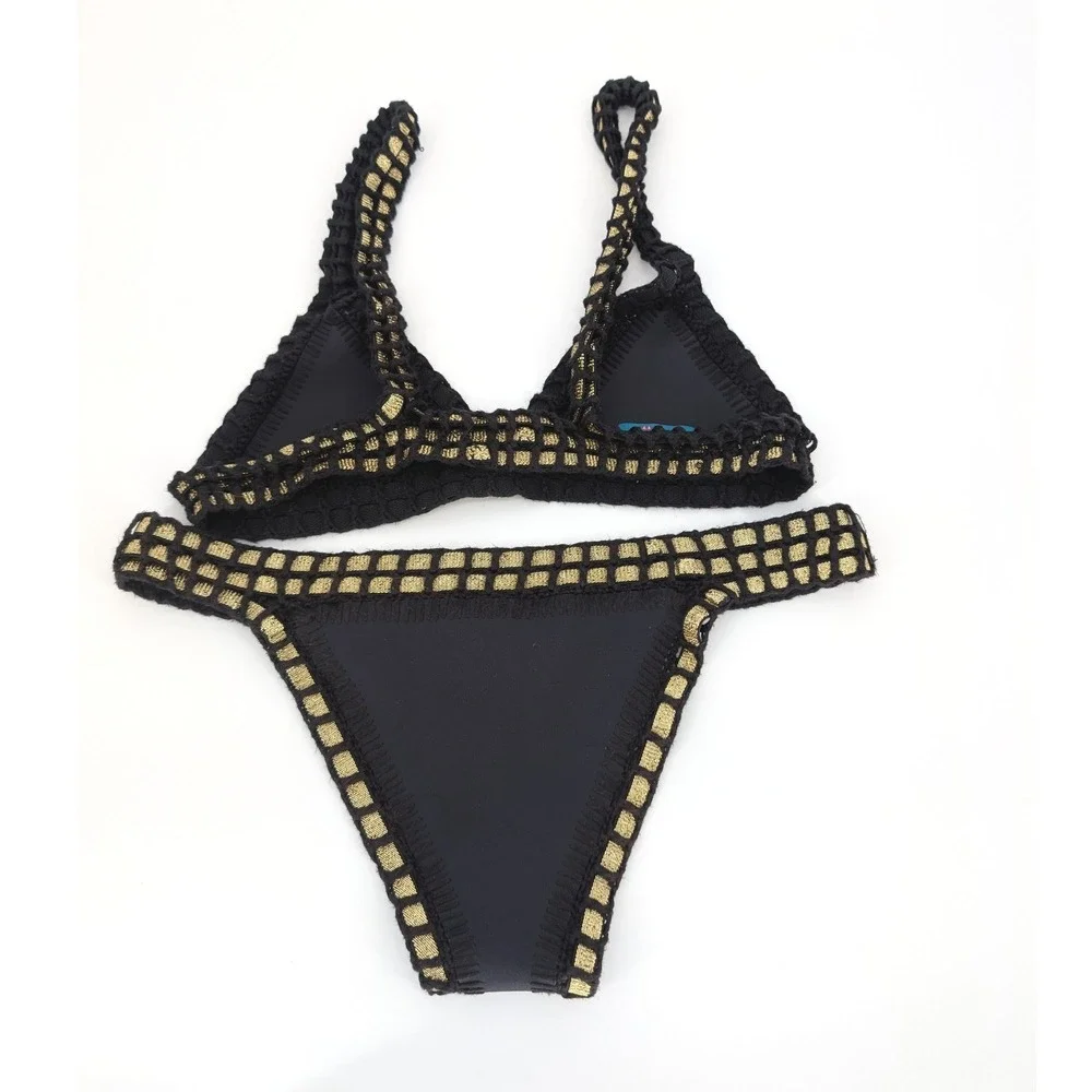 Kiini Chacha Bikini Set Women S Black Gold Crochet Trim Triangle Boho Festival - Picture 4 of 16